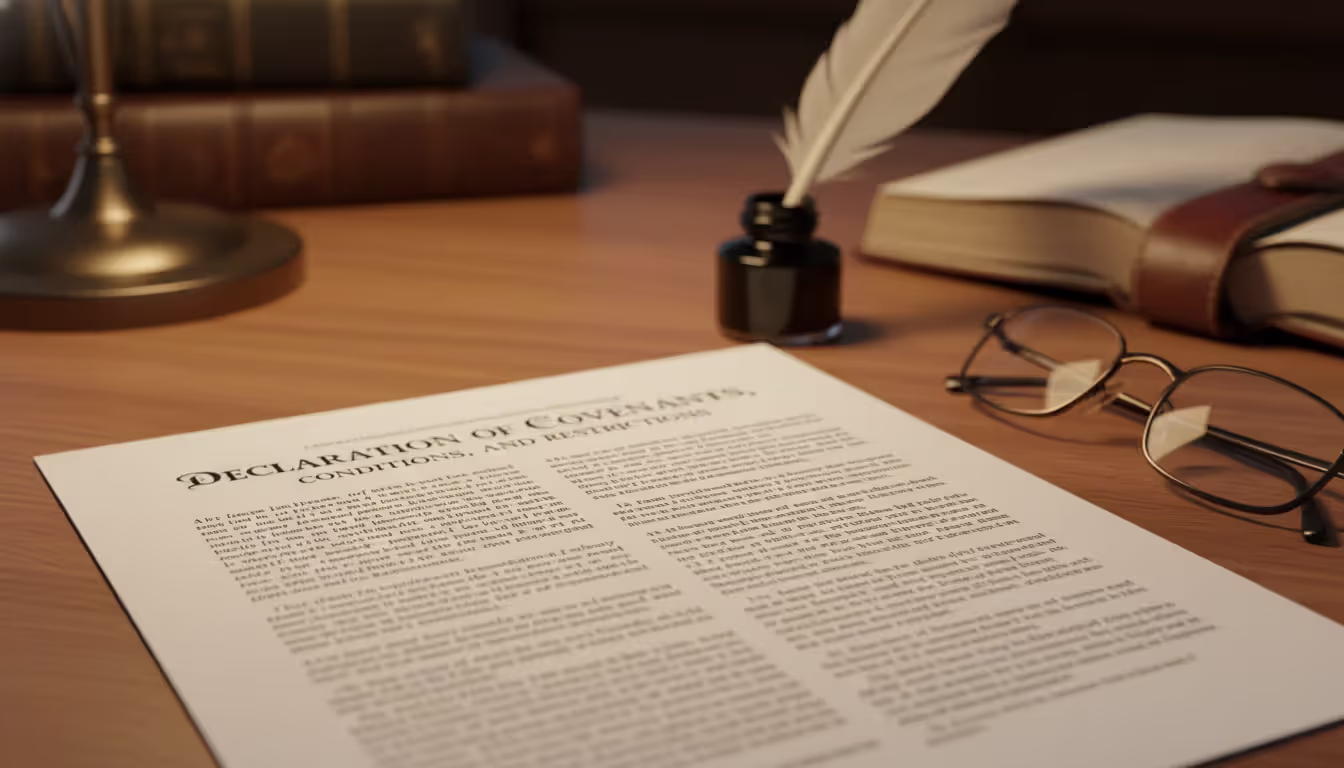 Close-up of an HOA covenant legal document with a pen and reading glasses on a wooden desk