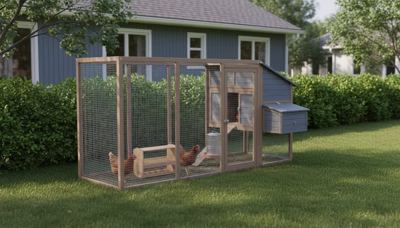 A well-maintained painted wooden chicken coop with an enclosed run in a tidy suburban backyard, partially screened by a hedge