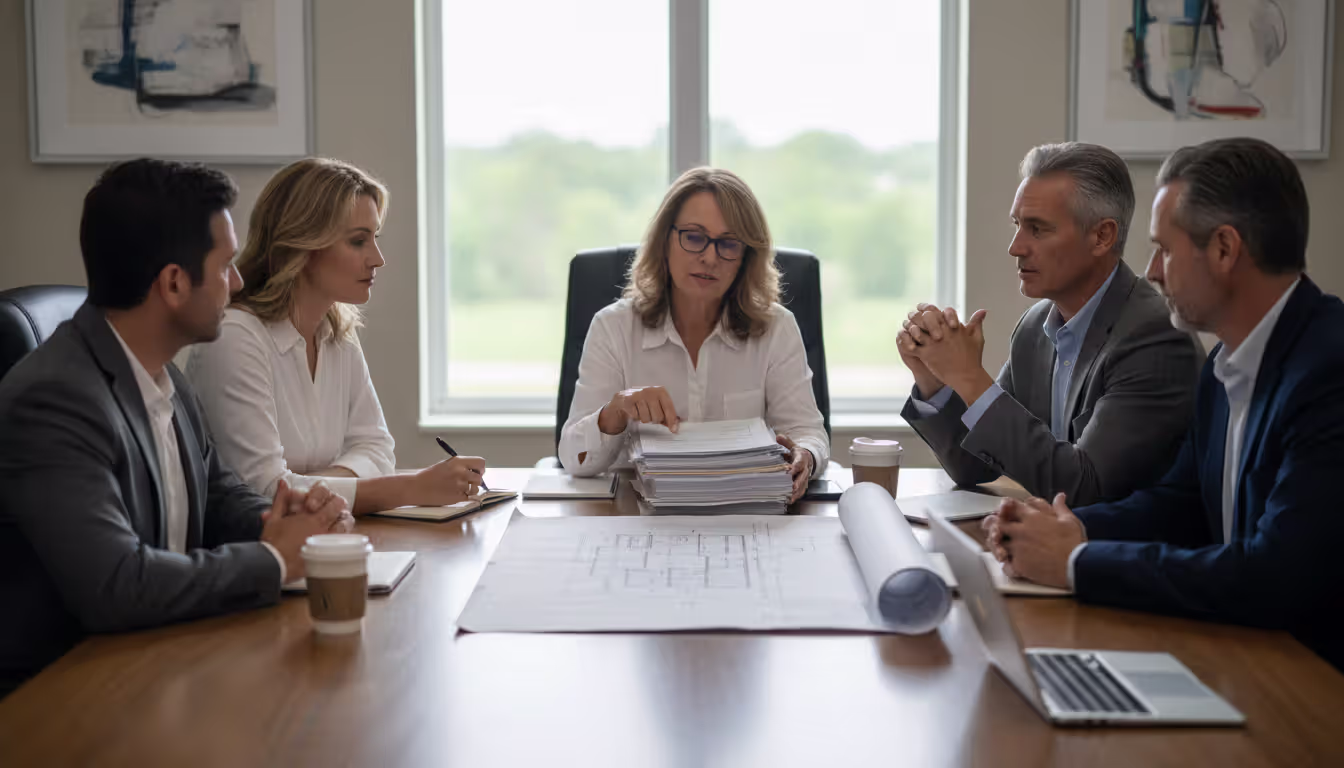 HOA board meeting with several people sitting around a conference table reviewing property documents and site plans