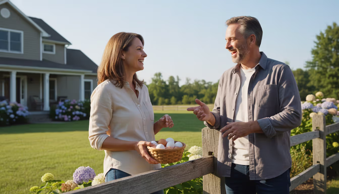 A homeowner talking to a smiling neighbor over a backyard fence while holding a small basket of fresh chicken eggs
