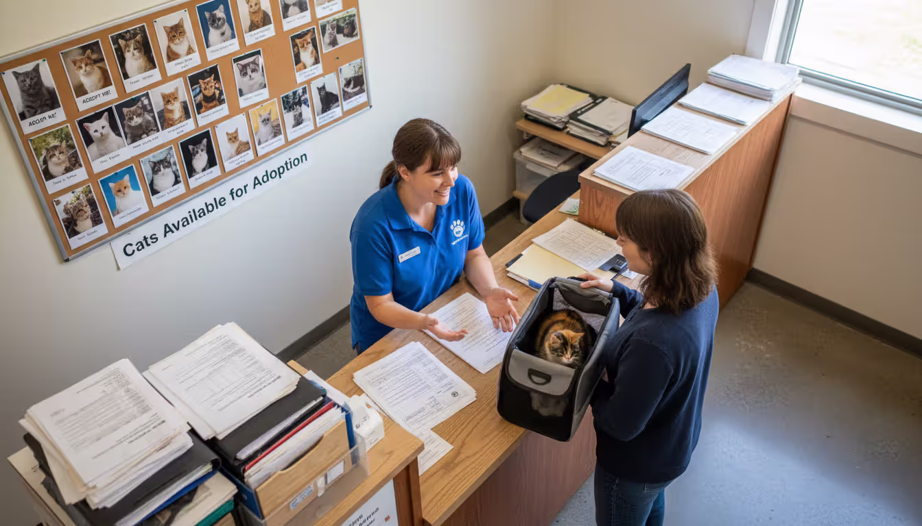 A shelter staff member at a reception desk speaking with a visitor holding a cat carrier, with an adoption photo board on the wall behind them