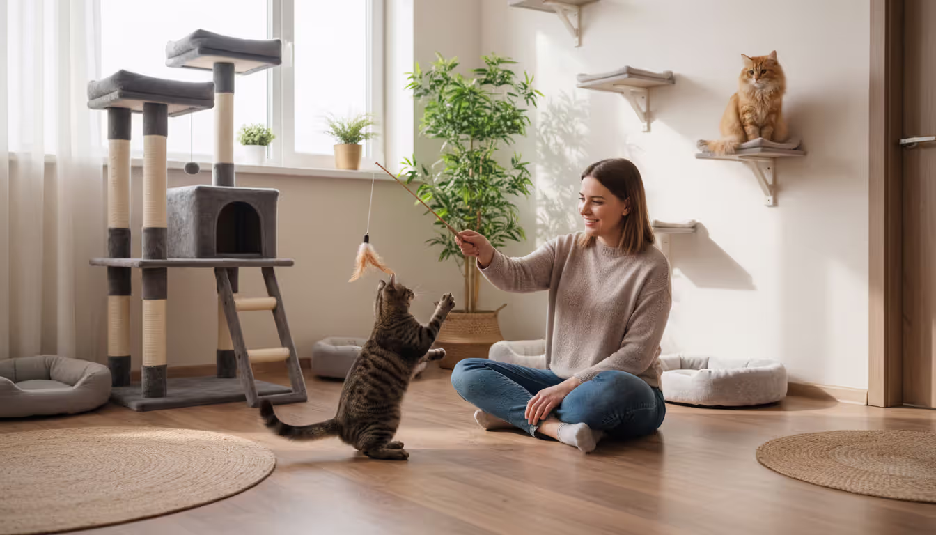 A young woman sitting on the floor of a bright shelter room playing with a tabby cat using a feather wand toy, with cat trees and wall shelves in the background