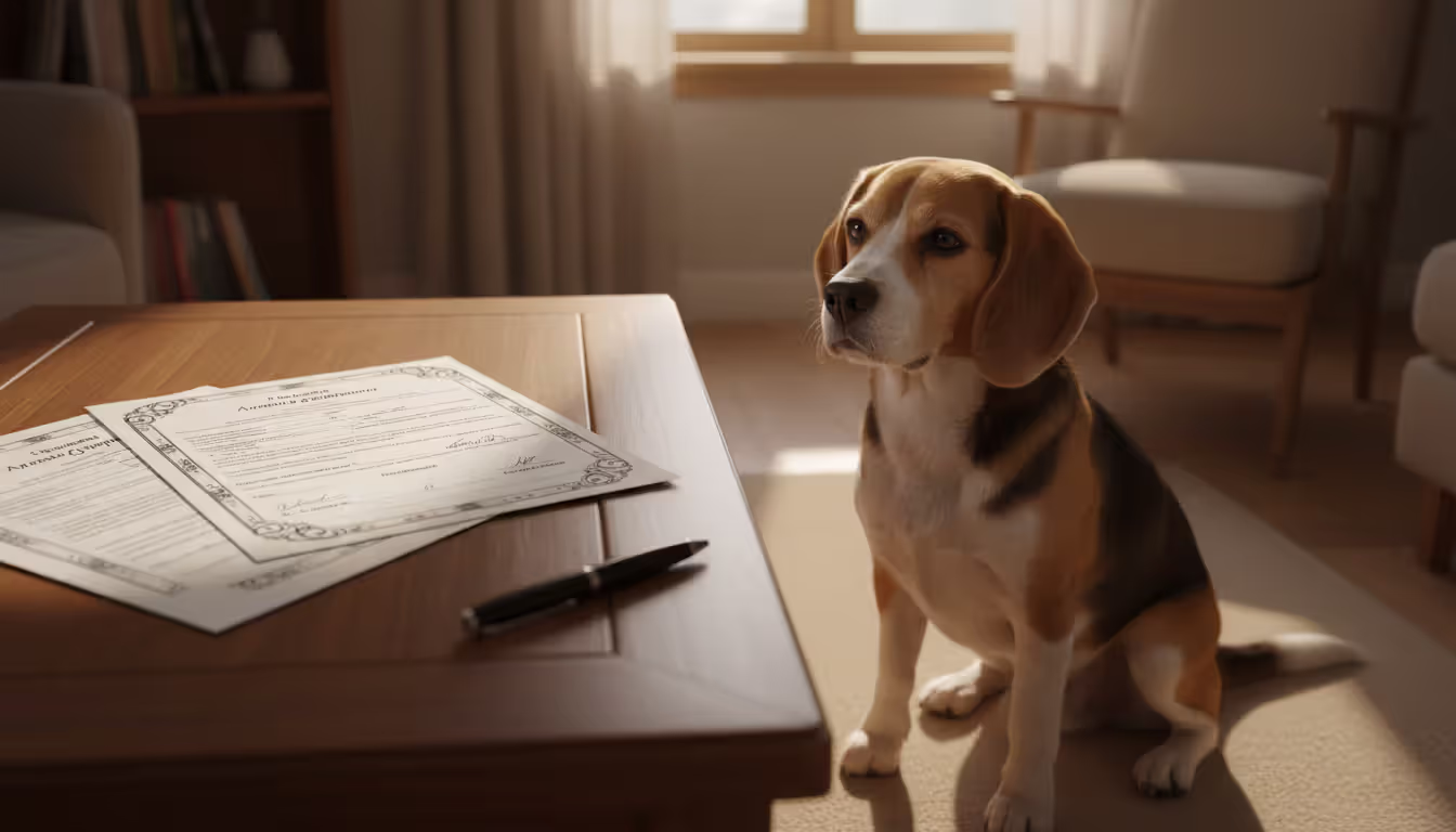 Official-looking pet transfer documents and a pen on a wooden table with a calm beagle sitting nearby in a cozy home setting