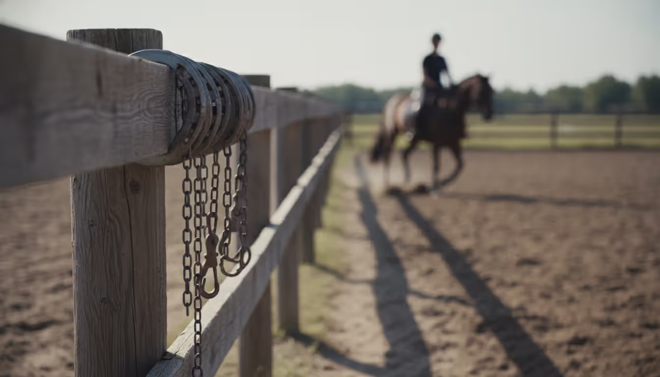 Metal chains and stacked horseshoes placed on a wooden fence rail at a horse training arena with a blurred horse silhouette in the background