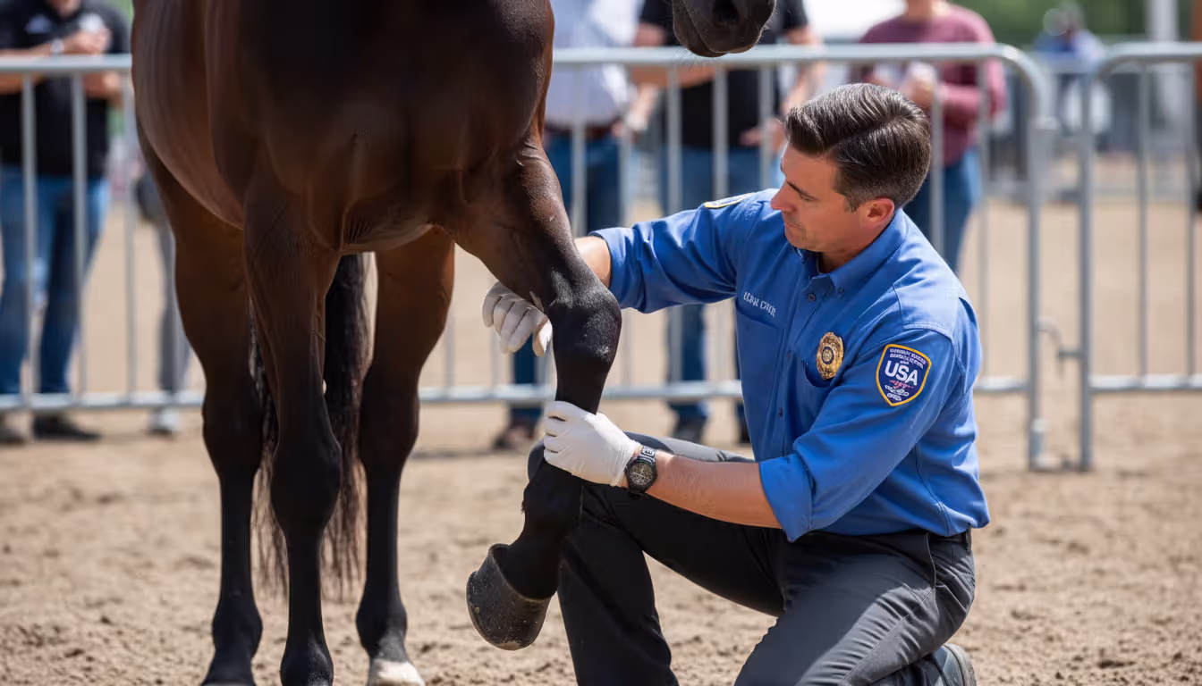 USDA veterinary inspector in uniform kneeling beside a dark horse and carefully palpating the front pastern area at a horse show inspection zone with metal barriers in the background