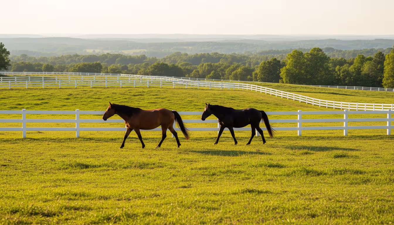 Tennessee Walking Horses grazing freely on a sunlit green pasture with white wooden fences symbolizing natural well-being and freedom from abuse