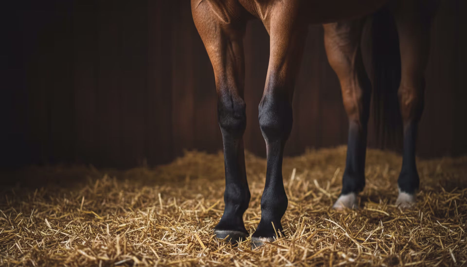Close-up of a Tennessee Walking Horse's front legs and hooves in a dimly lit stable with side lighting highlighting the pastern area