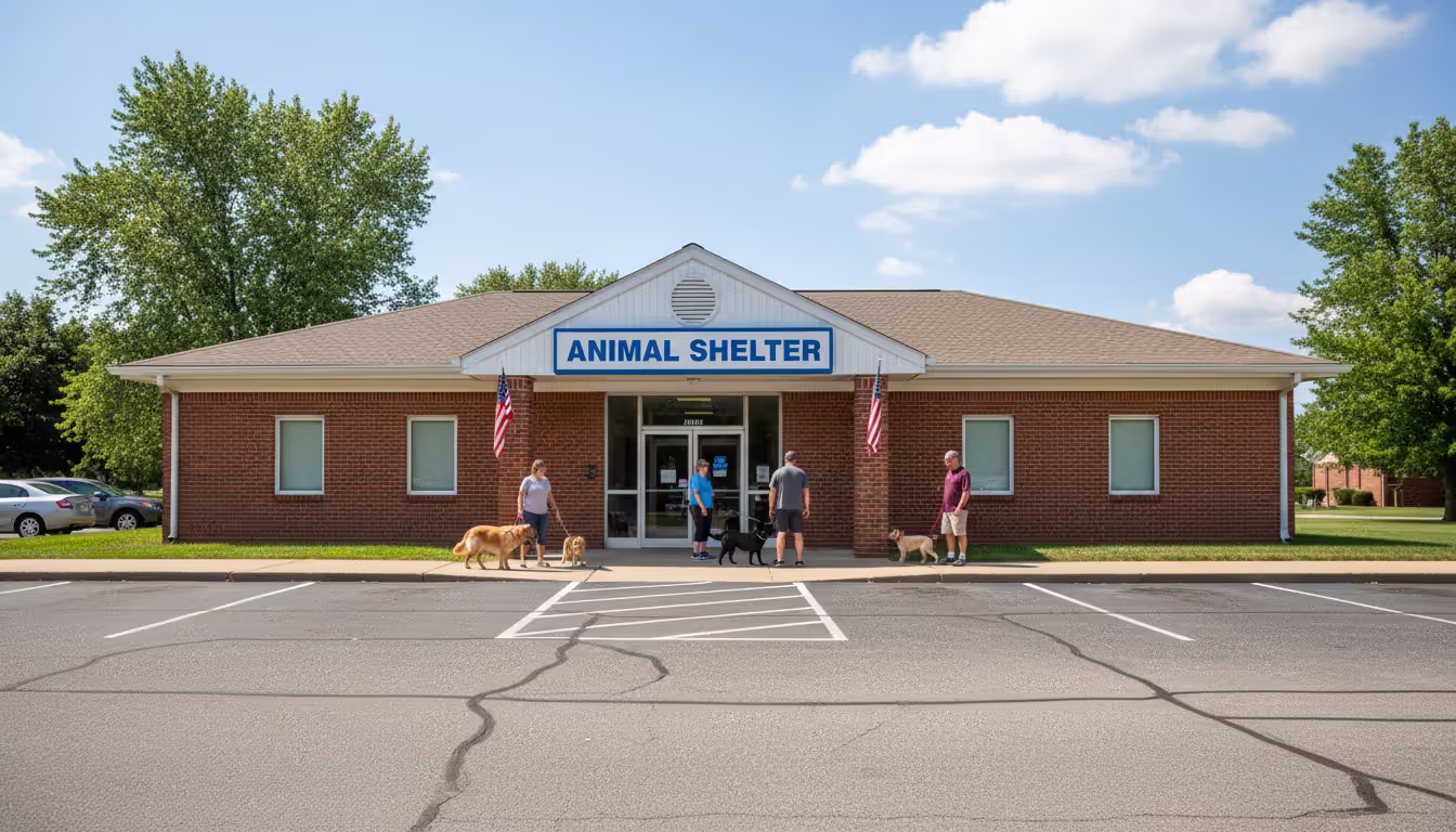 Exterior view of a typical US municipal animal shelter building with people and dogs near the entrance on a sunny day
