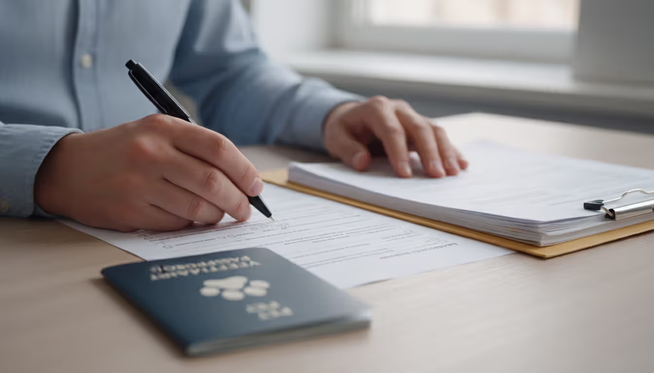 Close-up of a person's hands filling out paperwork at a desk with pet medical records and a pen nearby