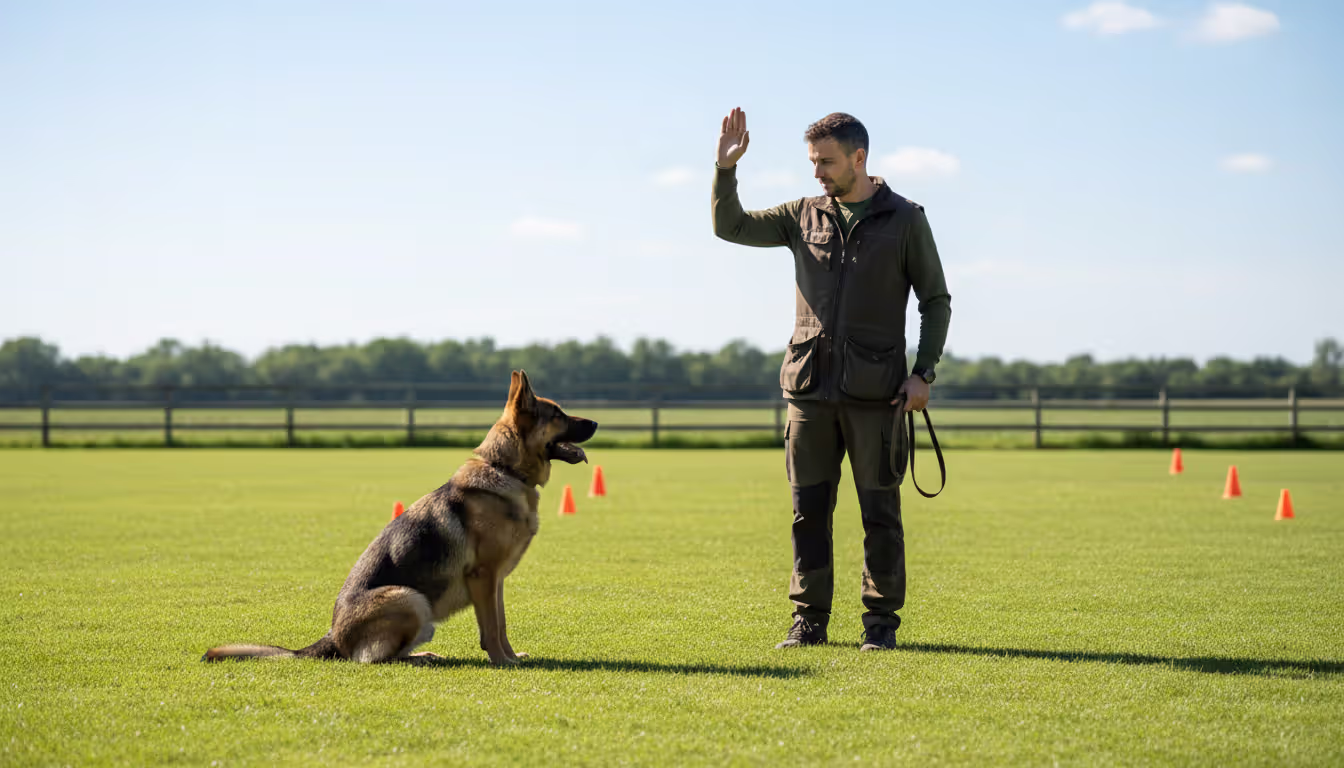 Professional dog trainer working with a dog performing a sit command on an outdoor training field with cones and green grass