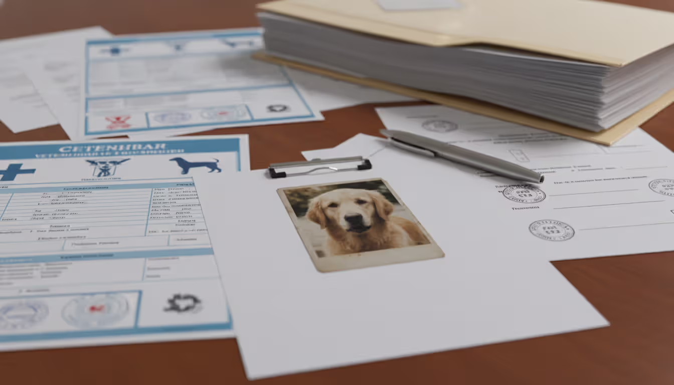 Veterinary records and legal documents spread on a desk with a pen, including a clipped photo of a dog, representing thorough documentation of a dog's bite history