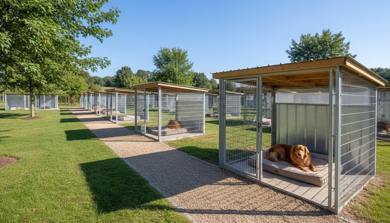 A well-maintained dog sanctuary facility with spacious outdoor kennels, shade structures, green grass, and a large dog resting calmly on a soft bed inside one of the enclosures