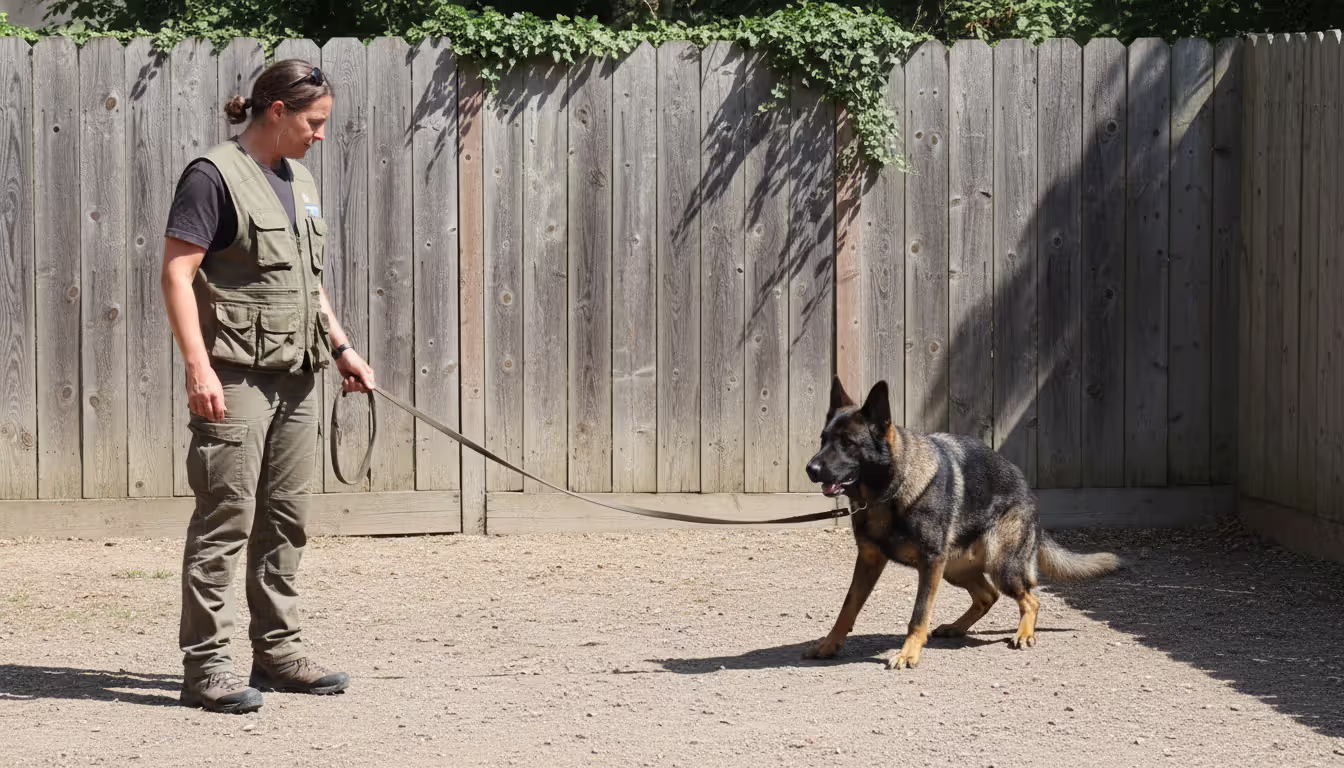 An experienced dog handler in practical clothing calmly observing a large dog on a long leash in a securely fenced yard during a behavioral assessment session