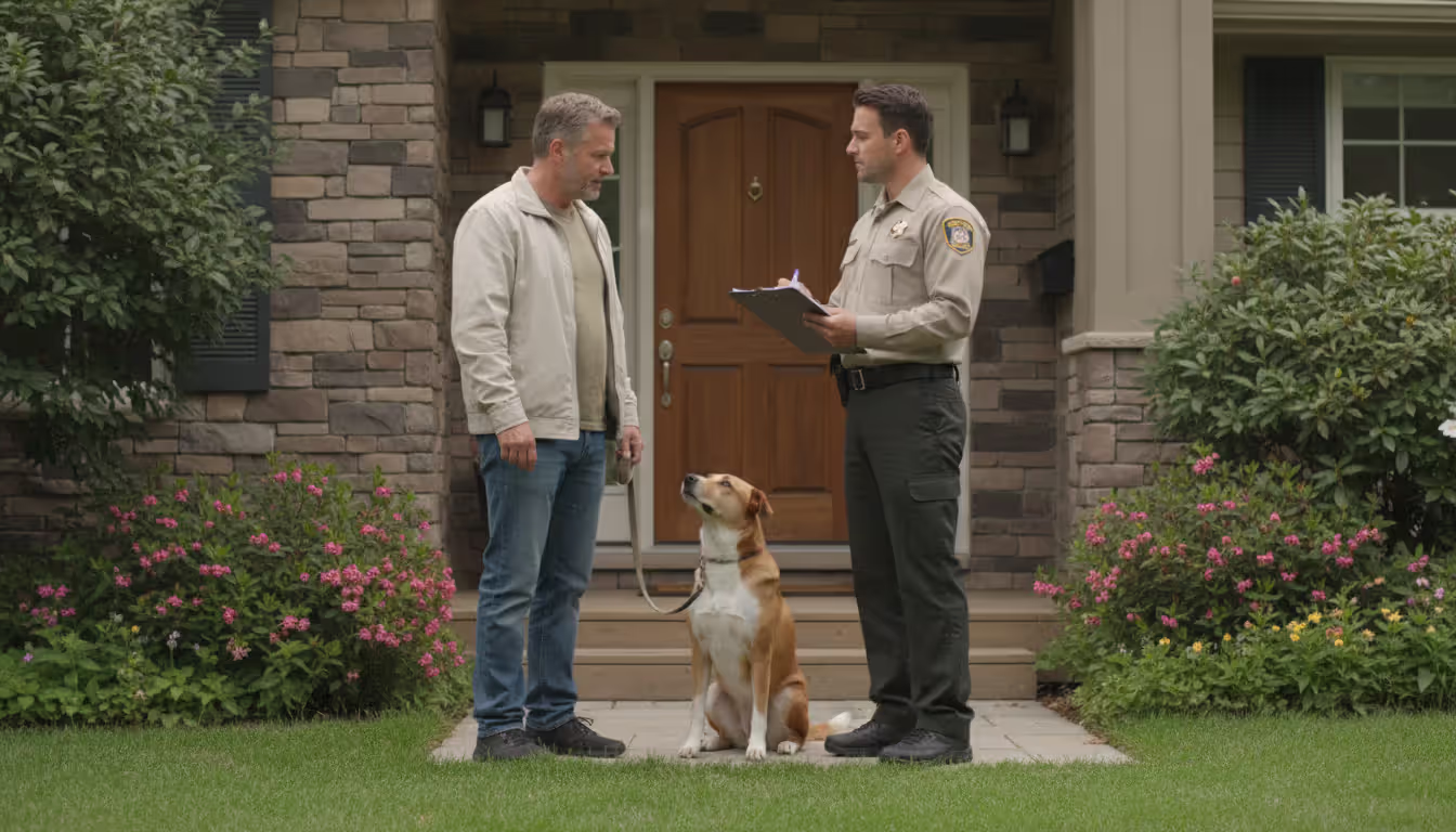 Dog owner talking to an animal control officer at the front door of a suburban house with a leashed dog sitting nearby