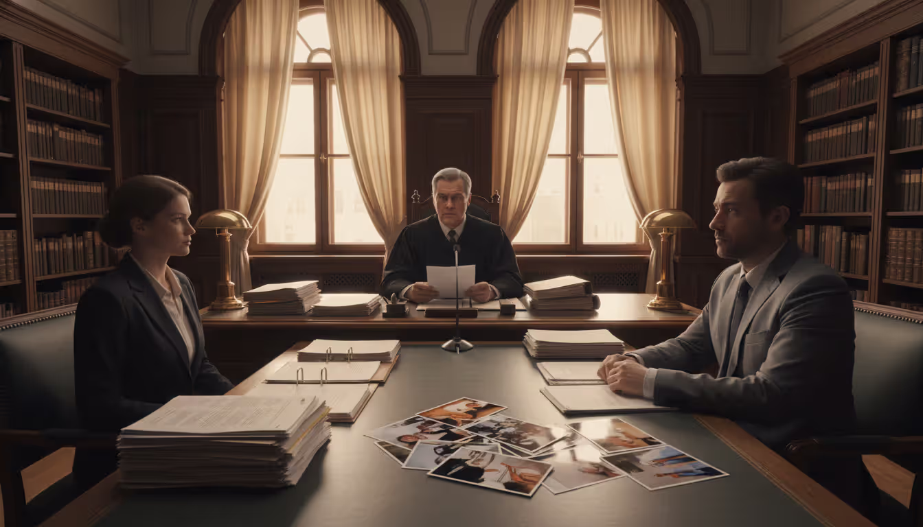 A courtroom or administrative hearing room with a judge at the bench and a person with a lawyer sitting at the opposite table with documents