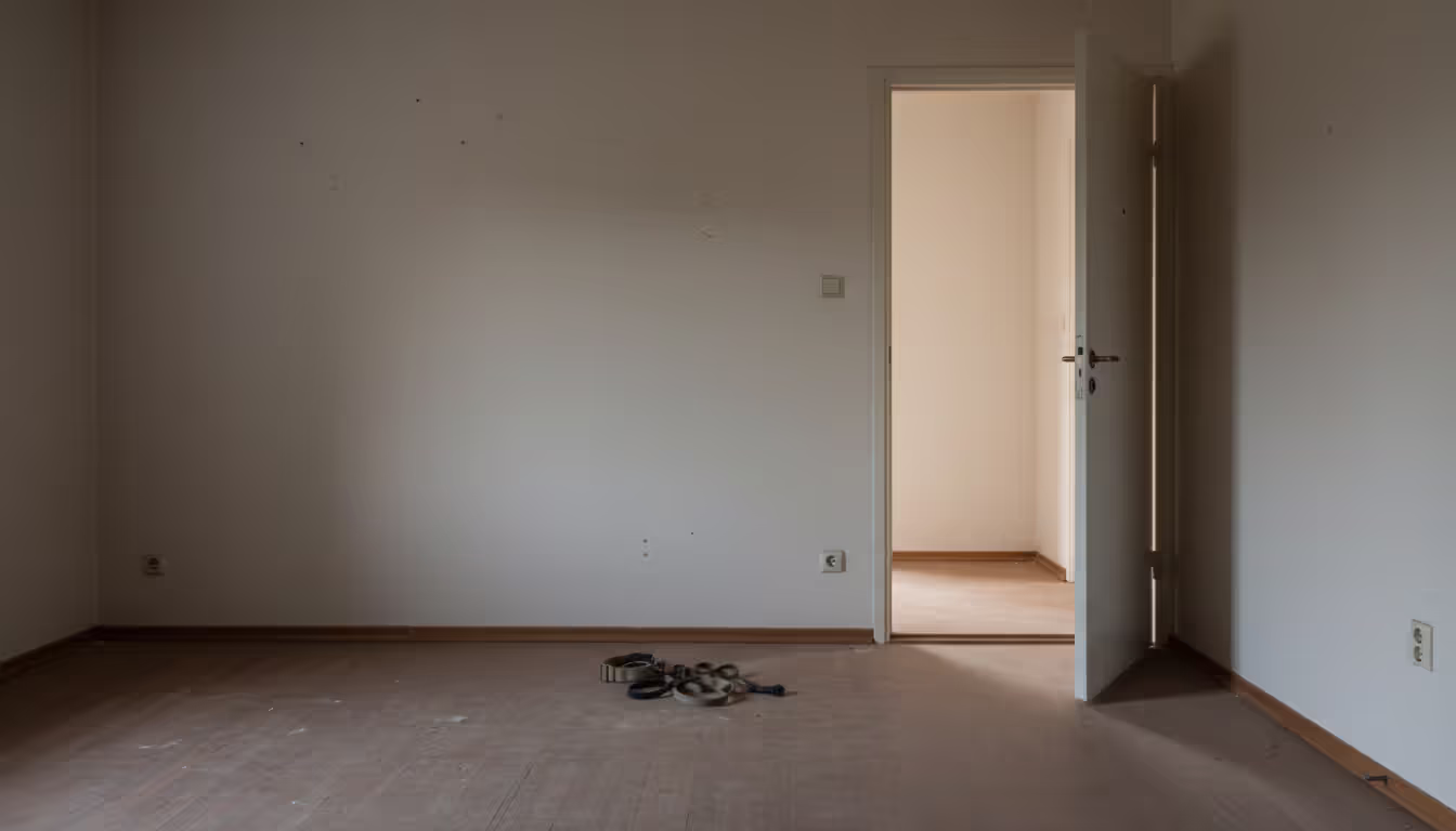 An empty apartment with bare walls, a dog collar and leash left on the floor in the corner, and a slightly open door with light coming from the hallway
