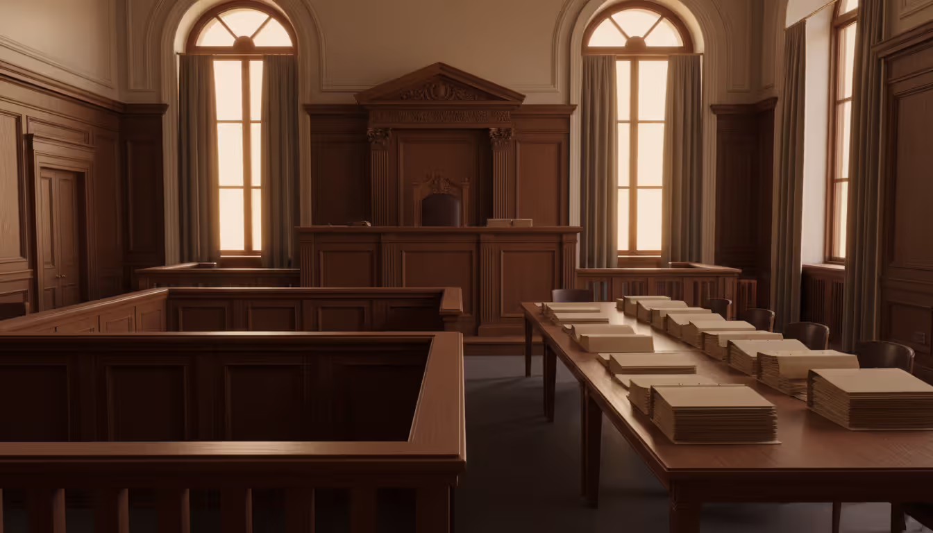 An empty courtroom with a wooden judge bench, prosecution table with case folders, and defendant bench in the foreground under dim warm lighting