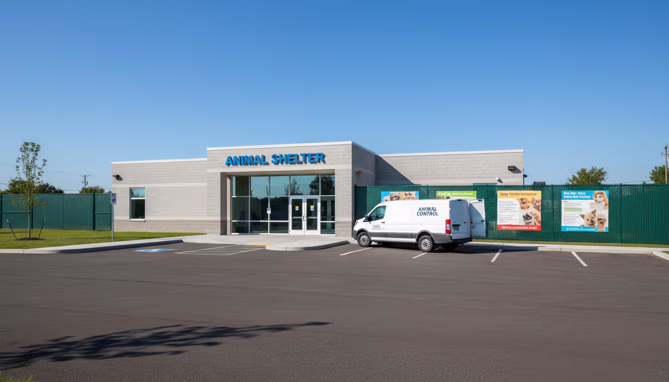 A municipal animal shelter building with an Animal Shelter sign above the entrance, a parking lot in front, and an animal control van parked nearby on a clear day