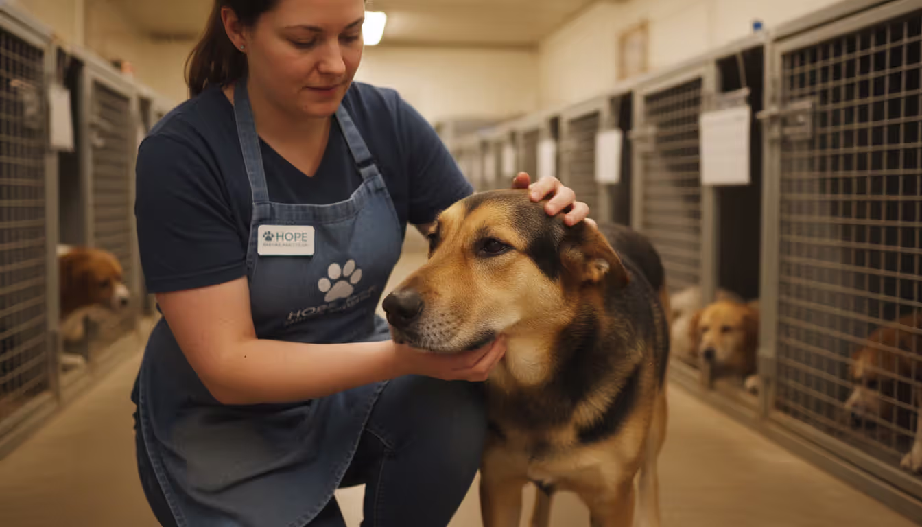 A female volunteer in a shelter apron kneeling and petting a large dog inside a shelter kennel with other kennels visible in the background under soft indoor lighting