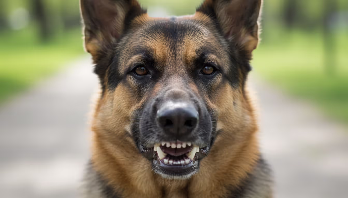 Close-up of a German Shepherd showing teeth with wrinkled muzzle and hard stare as warning signs of aggression