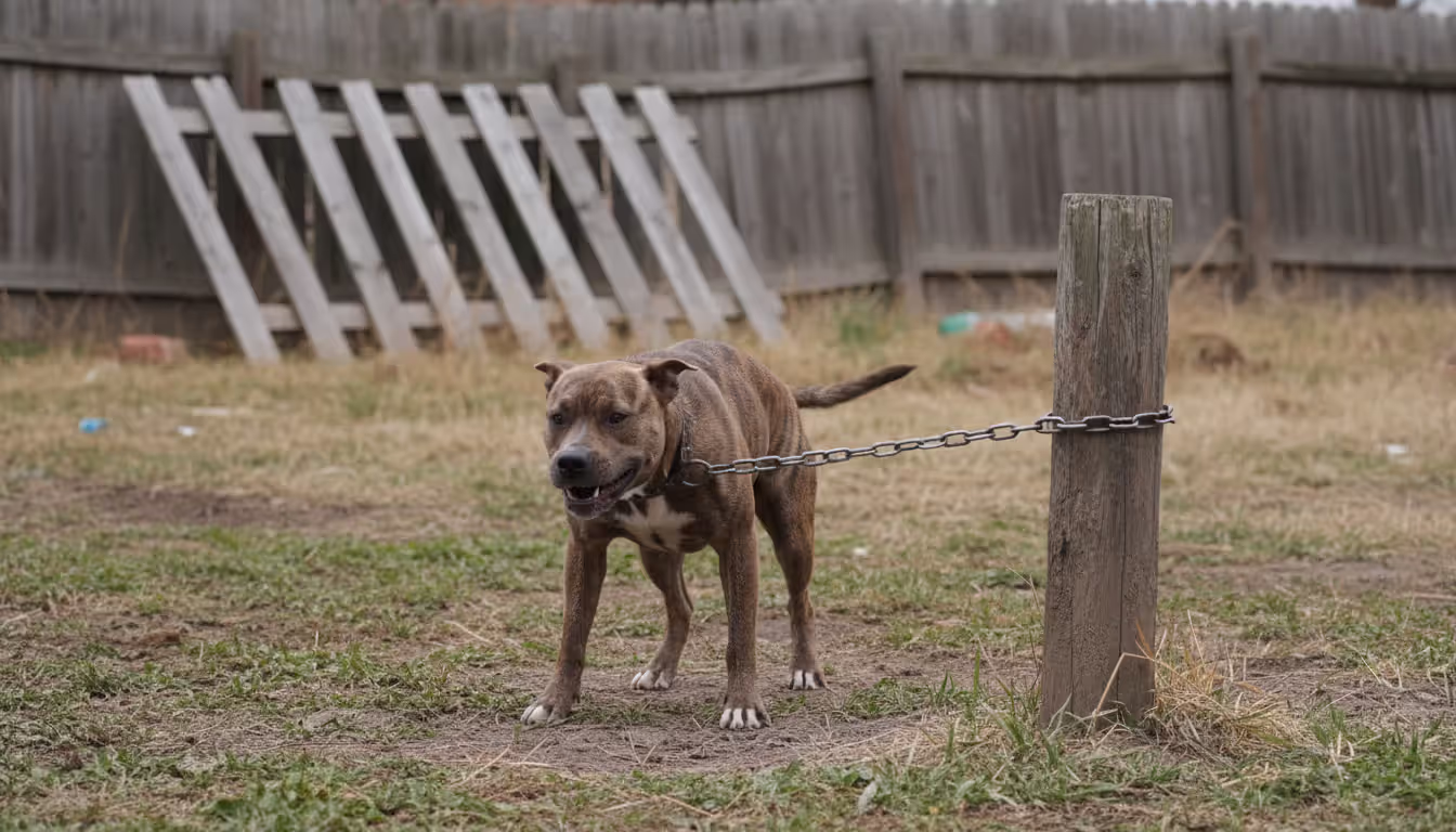 Medium-sized dog chained to a post in a yard pulling against its tether in a tense aggressive posture