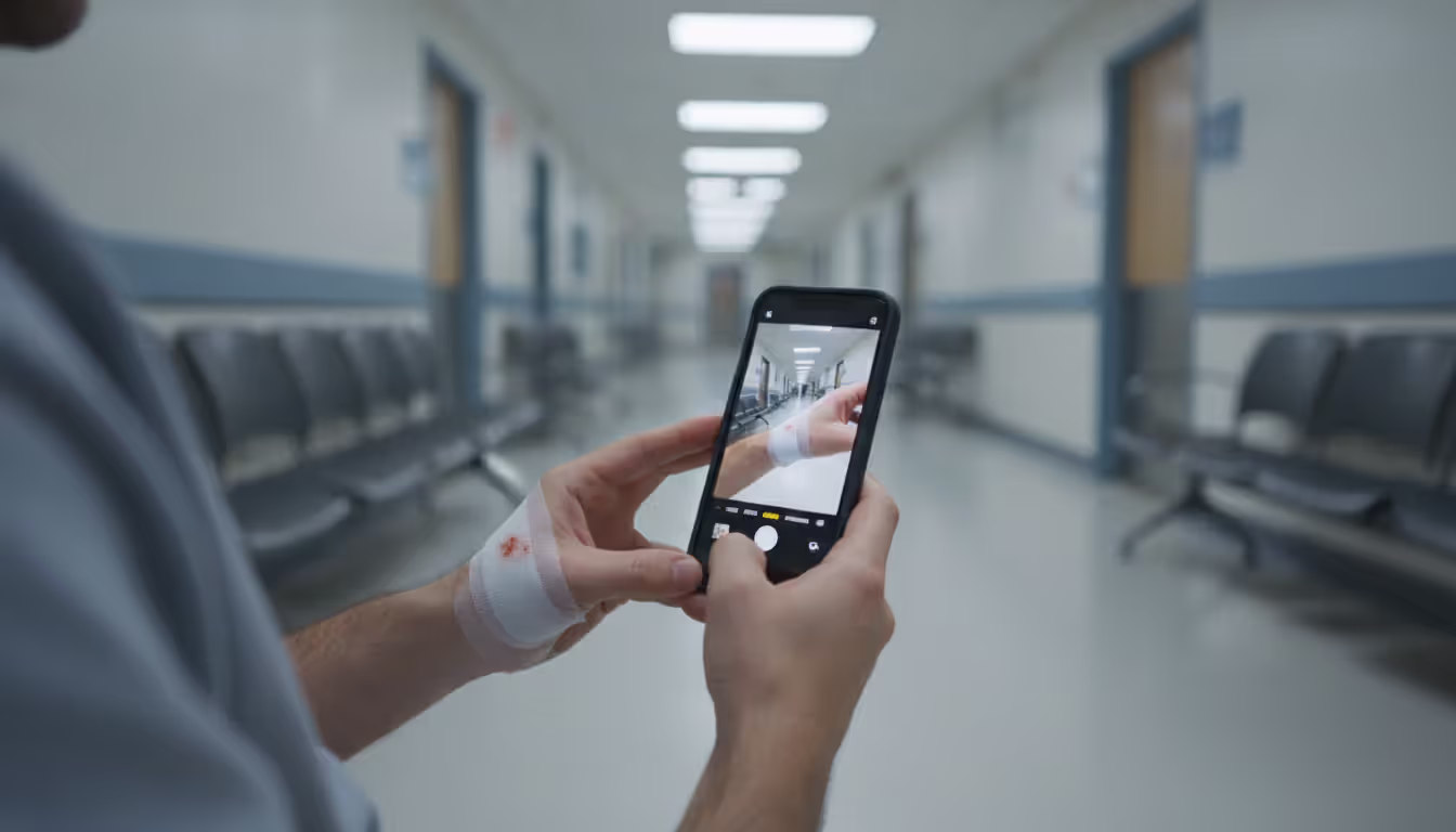 Person with bandaged forearm sitting in a hospital waiting area holding a smartphone to document bite injuries