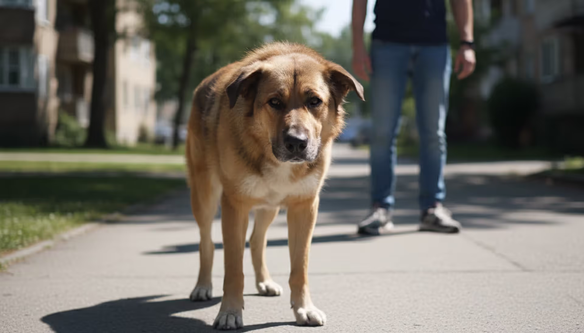 Tense dog in aggressive stance on a city sidewalk facing a person standing several meters away in daylight