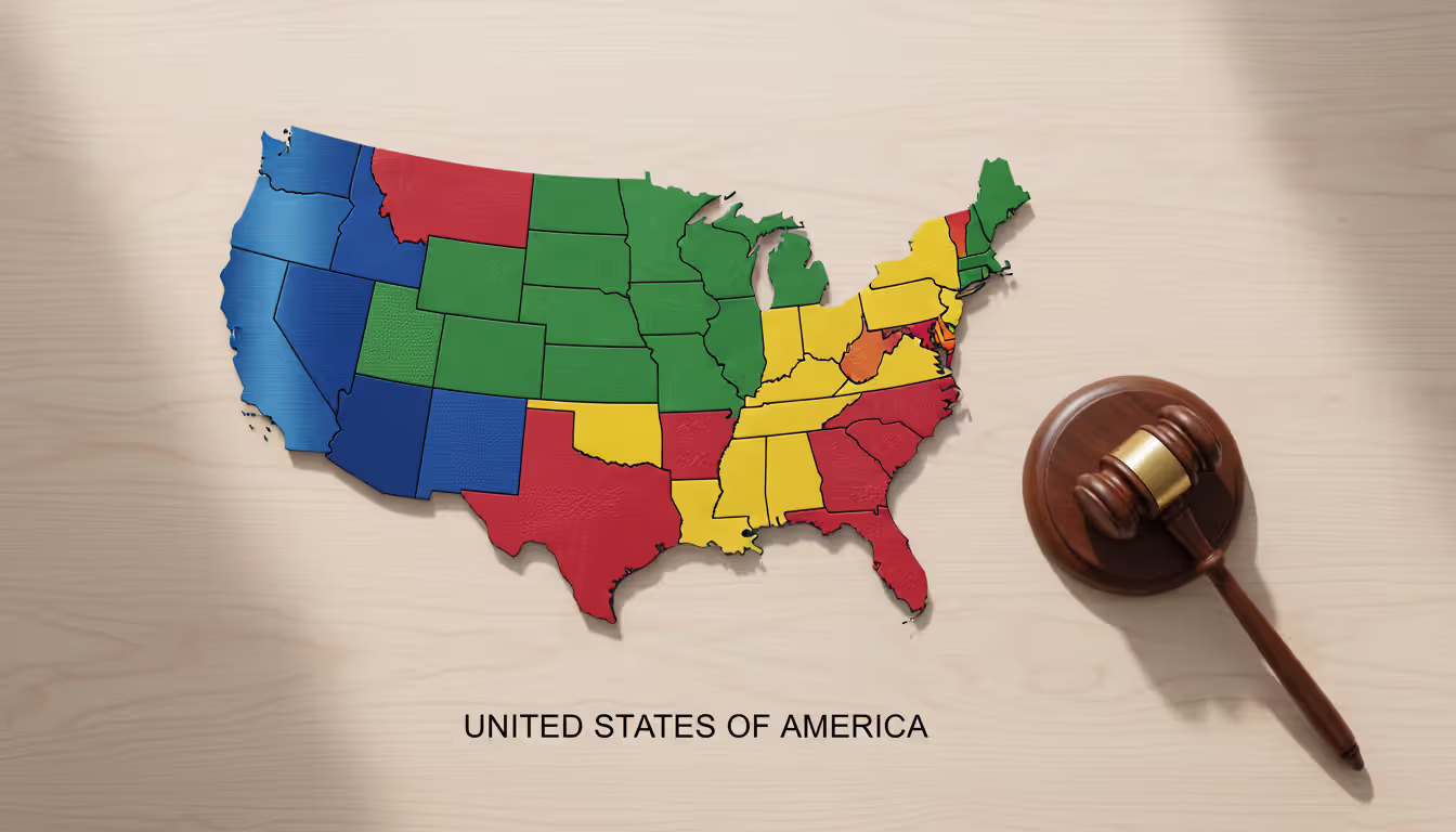 Overhead view of a colorful US map with different legal zones highlighted and a judge gavel beside it