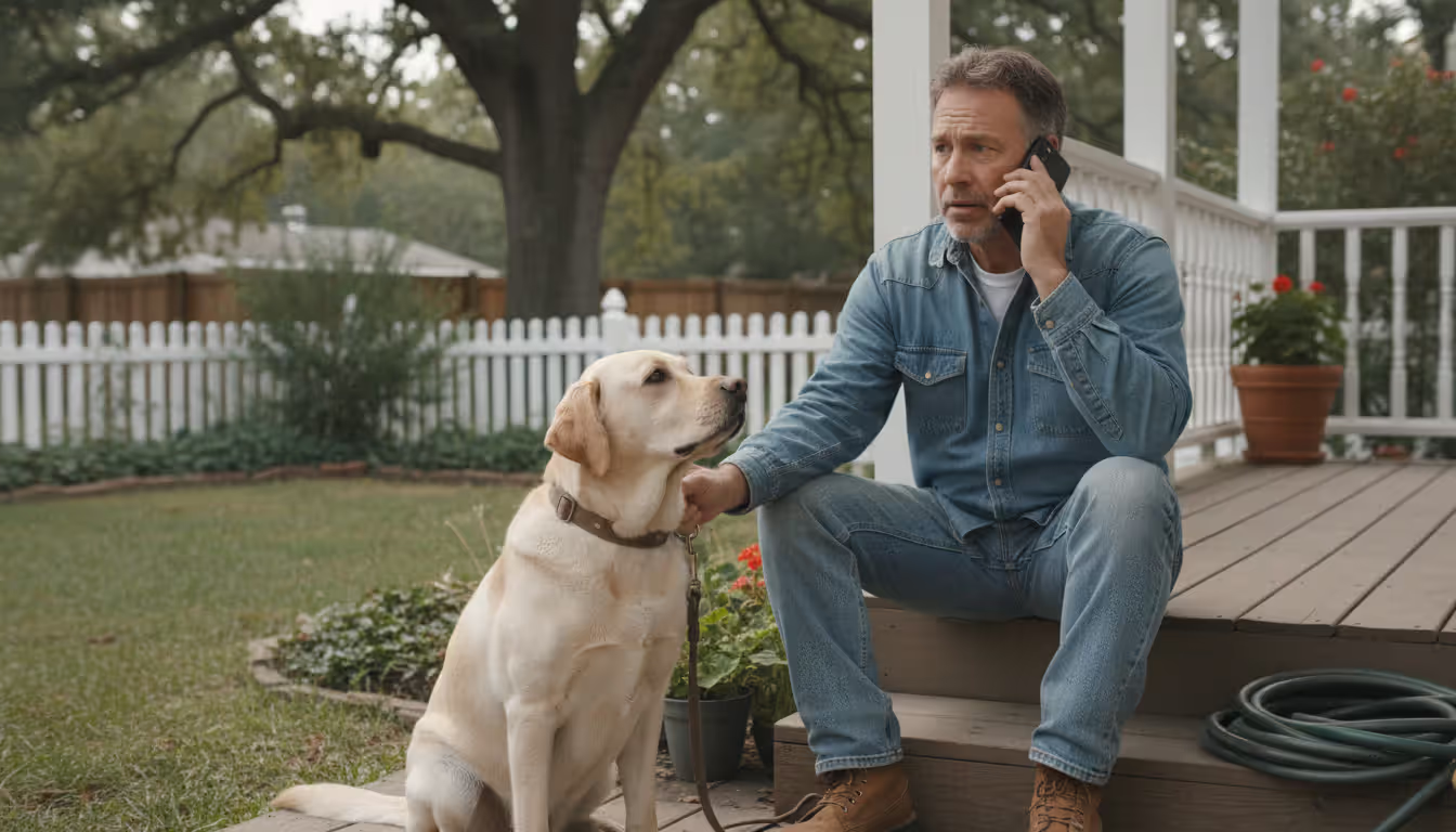 A concerned dog owner holding his Labrador by the collar on a house porch while making a phone call