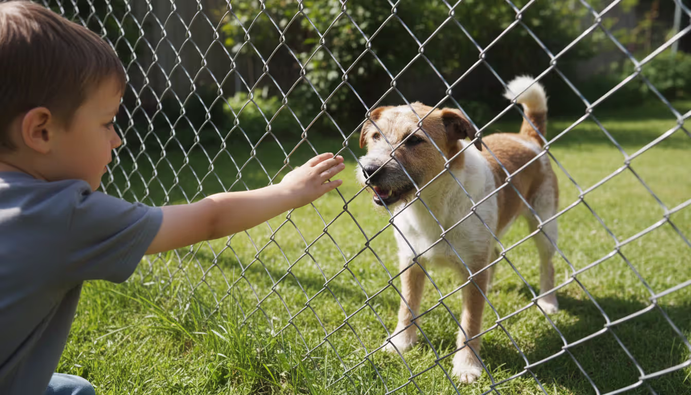 A young child reaching through a metal fence toward a wary terrier dog on the other side in a suburban yard