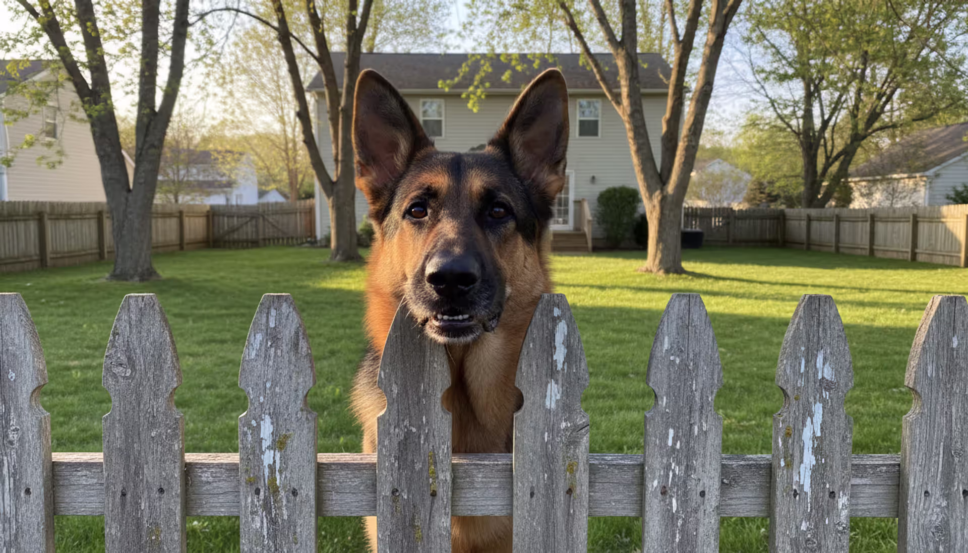 A tense German Shepherd standing behind a wooden backyard fence in a suburban American neighborhood