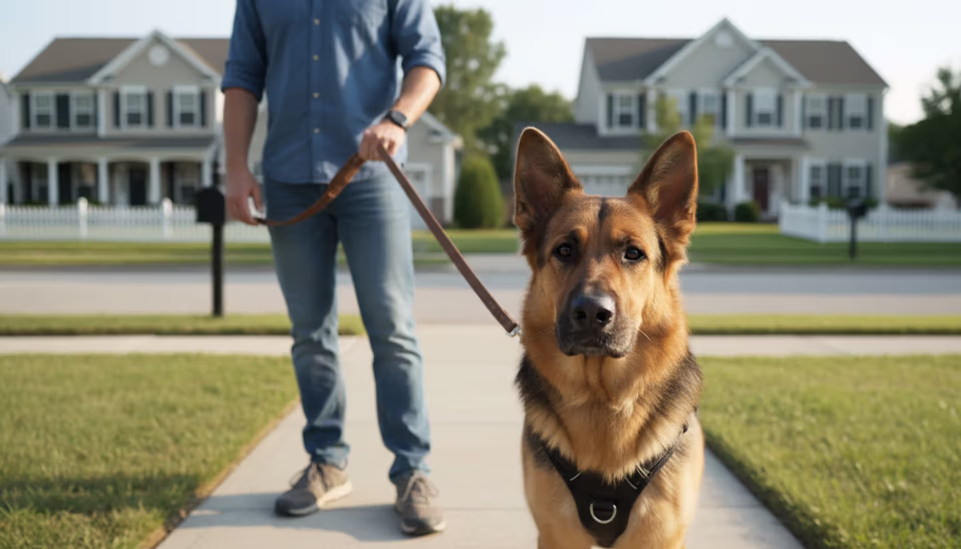 A large mixed-breed dog on a leash standing next to its owner on a sidewalk in an American suburban neighborhood