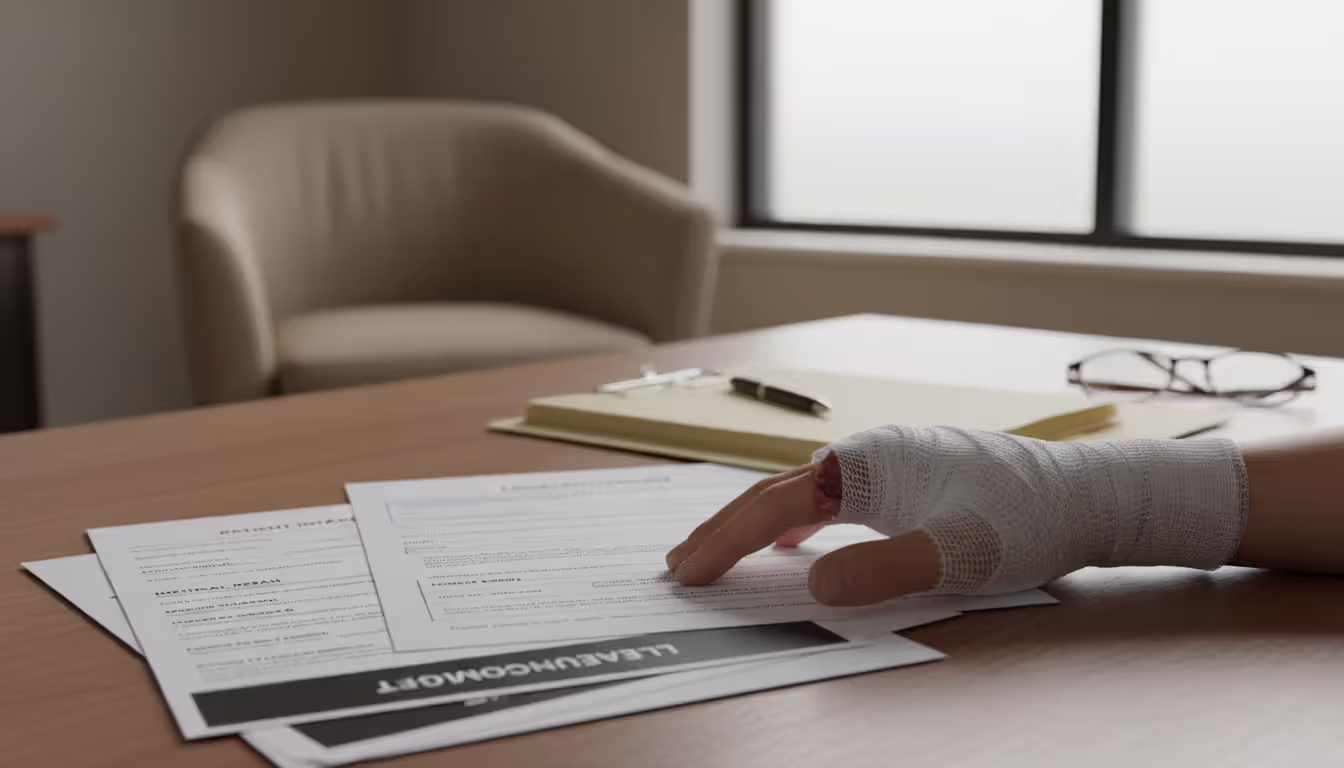 Bandaged dog bite wound on a person's hand next to medical documents and legal paperwork on a desk