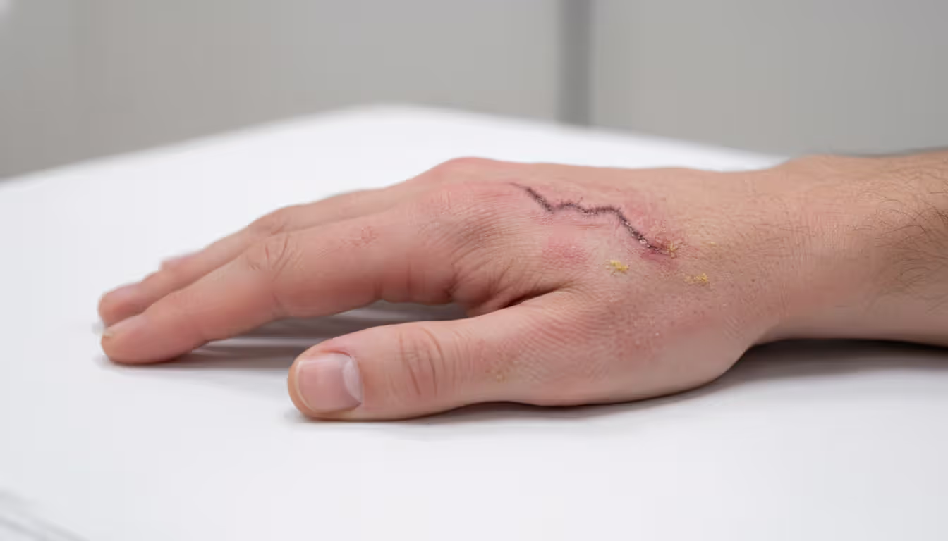 Close-up of a healed dog bite scar on a hand showing signs of delayed infection on a medical examination table