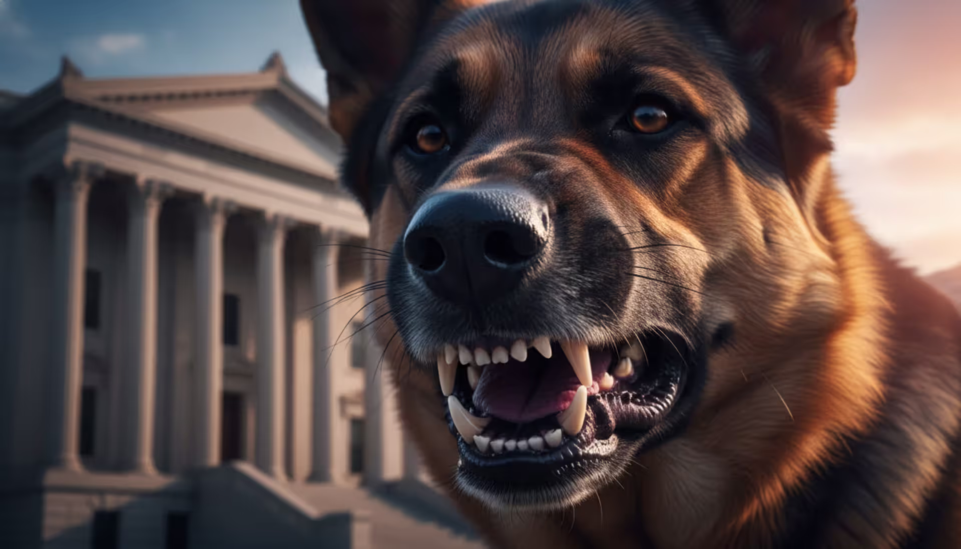 Aggressive German Shepherd baring teeth with a courthouse building blurred in the background