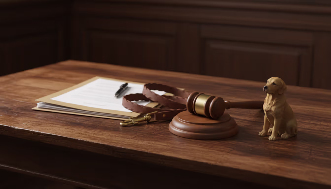 Judge gavel on wooden desk next to a dog leash and legal documents folder, representing pet custody law