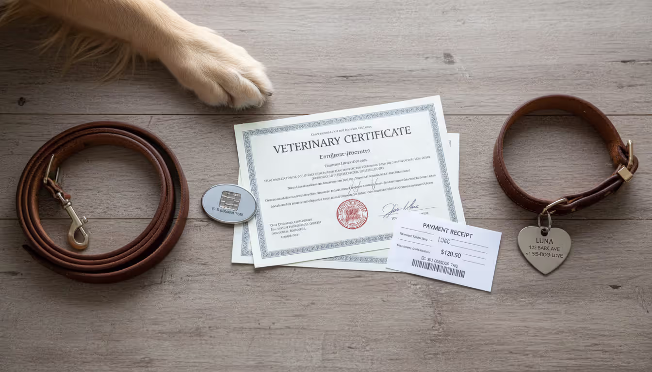 Flat lay of pet ownership documents including veterinary certificate, receipt, microchip tag, collar, and a dog paw on the table edge