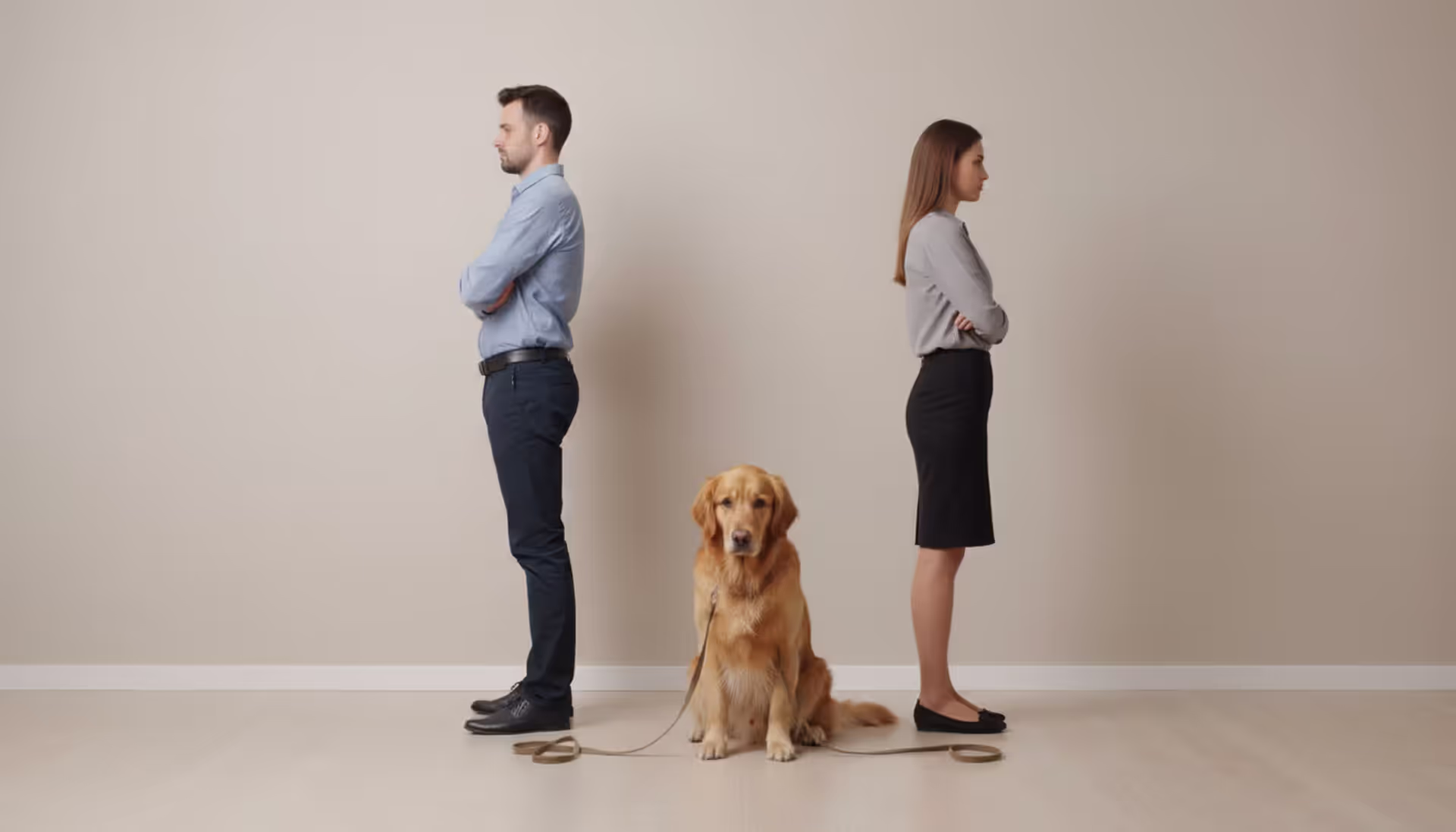 Sad golden retriever sitting between two people standing back to back, symbolizing a pet custody dispute during separation