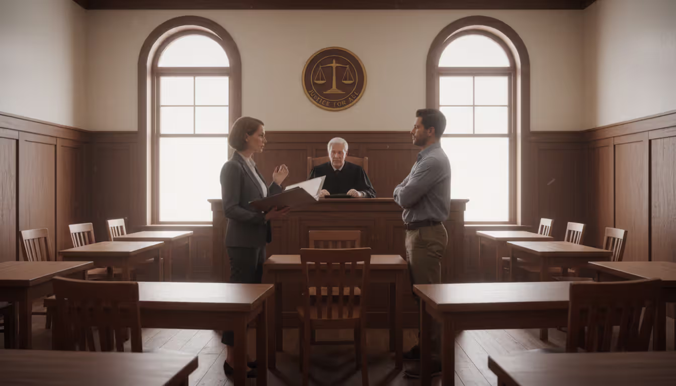 A small claims courtroom scene with a judge, a complainant holding a folder of evidence, and a defendant standing at the opposite podium