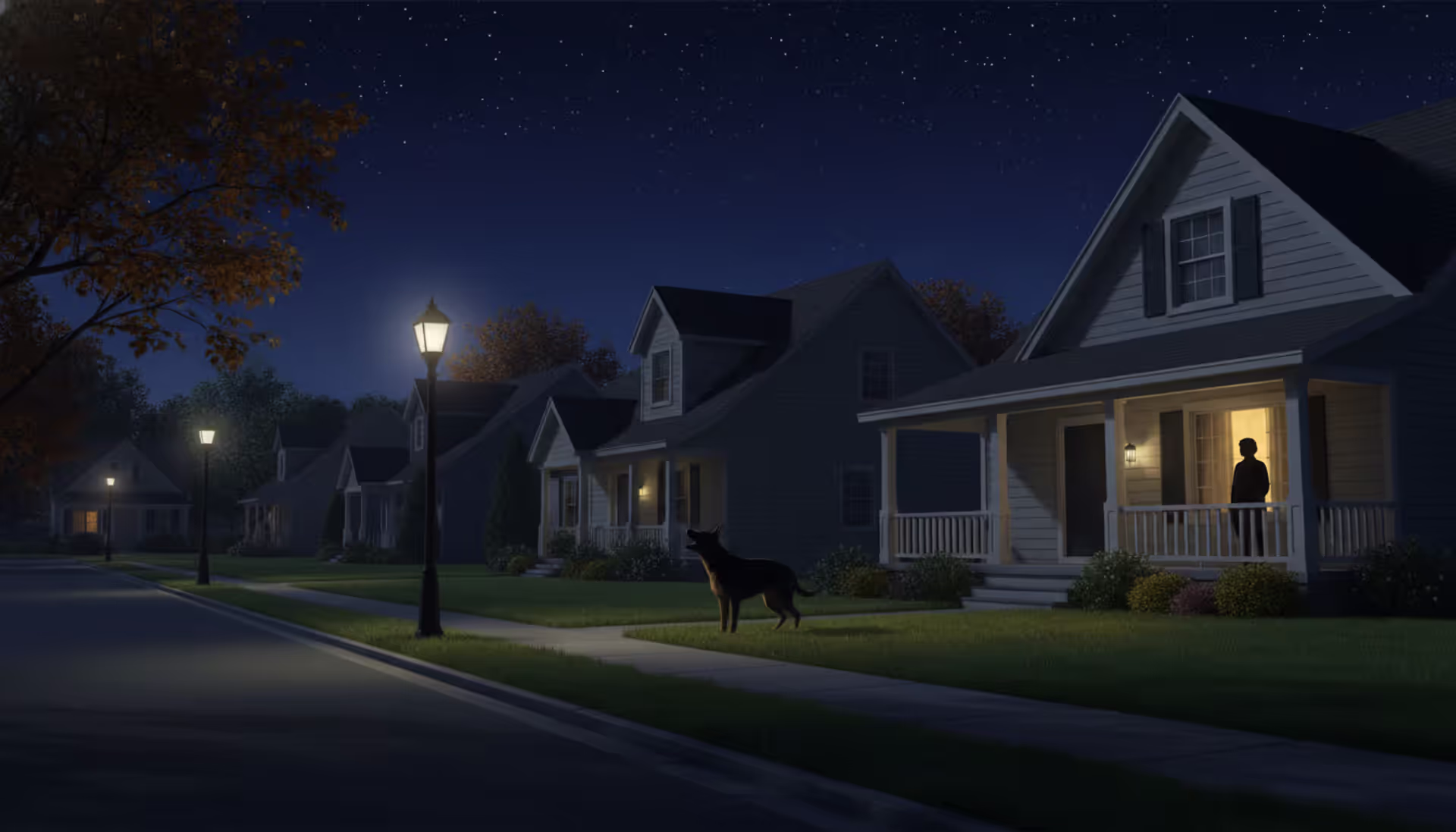 A German Shepherd barking at night in a suburban neighborhood while a frustrated neighbor looks out a lit bedroom window