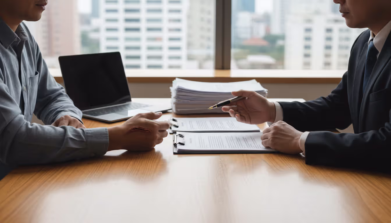 Dog attack victim with visible arm scar consulting attorney at office desk with legal documents