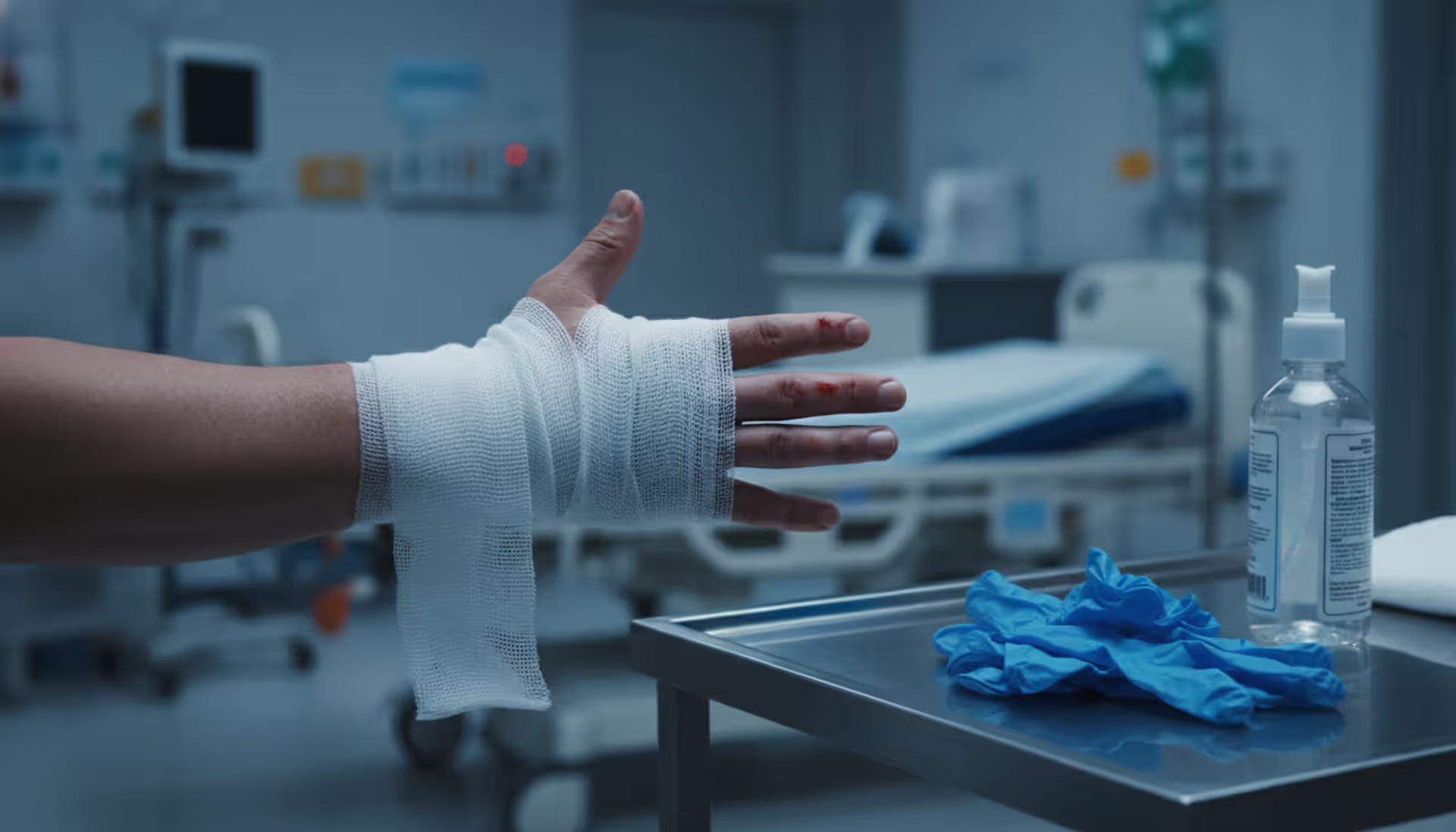 Bandaged arm with severe dog bite wounds in hospital emergency room setting