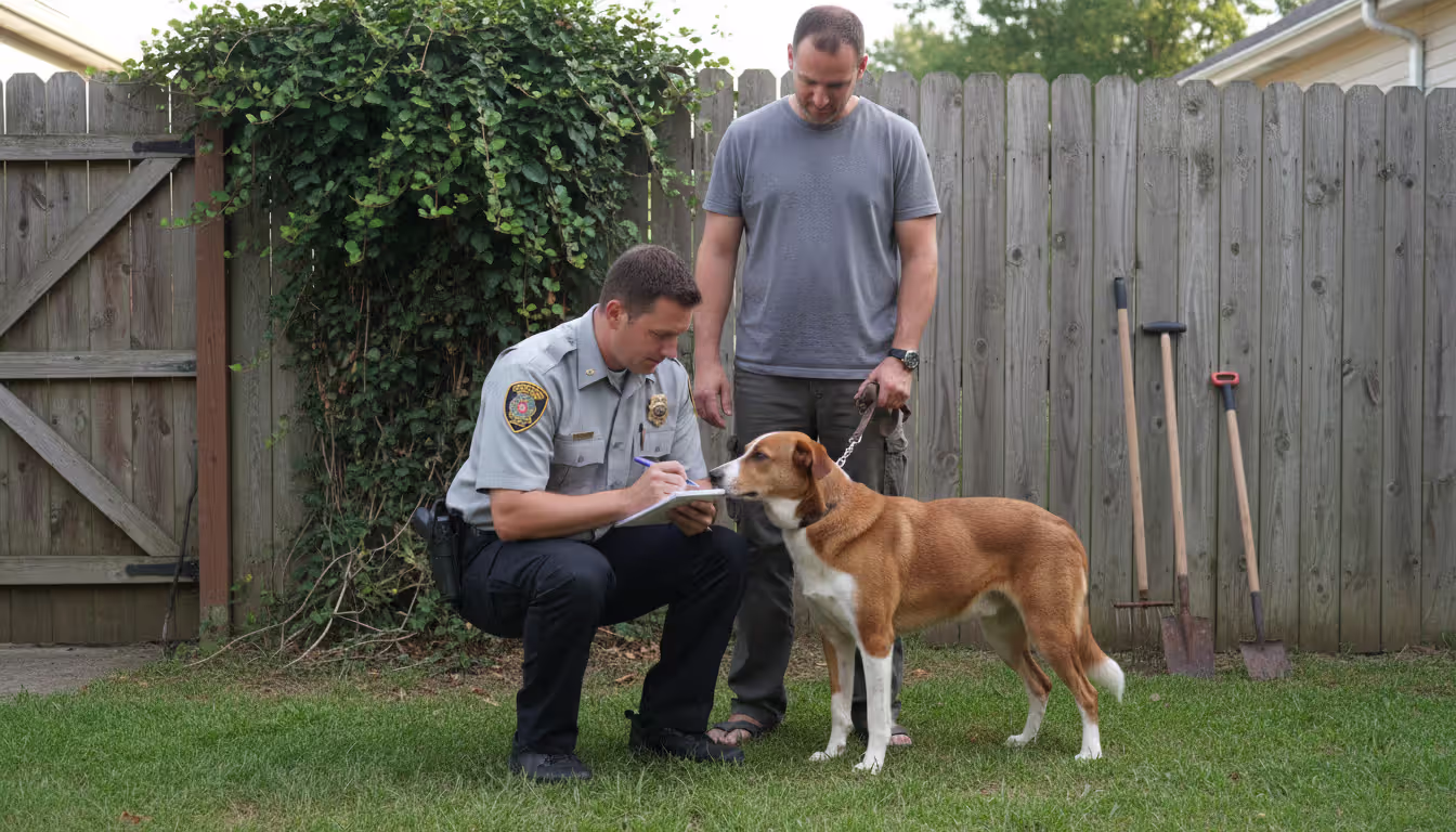 Animal control officer in uniform inspecting a medium-sized dog on a leash in a residential backyard while taking notes