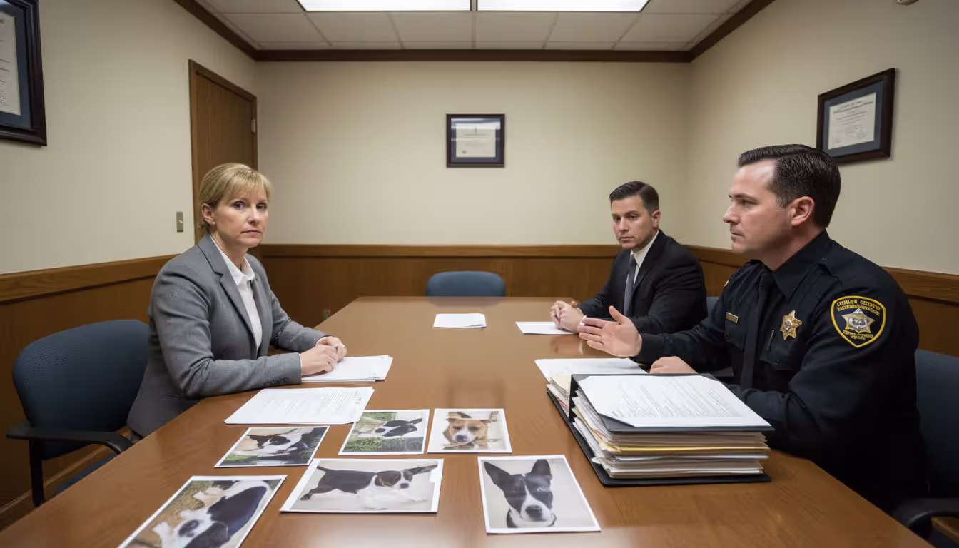 Administrative dangerous dog hearing with a hearing officer at a desk facing a dog owner and attorney while an animal control officer presents documents