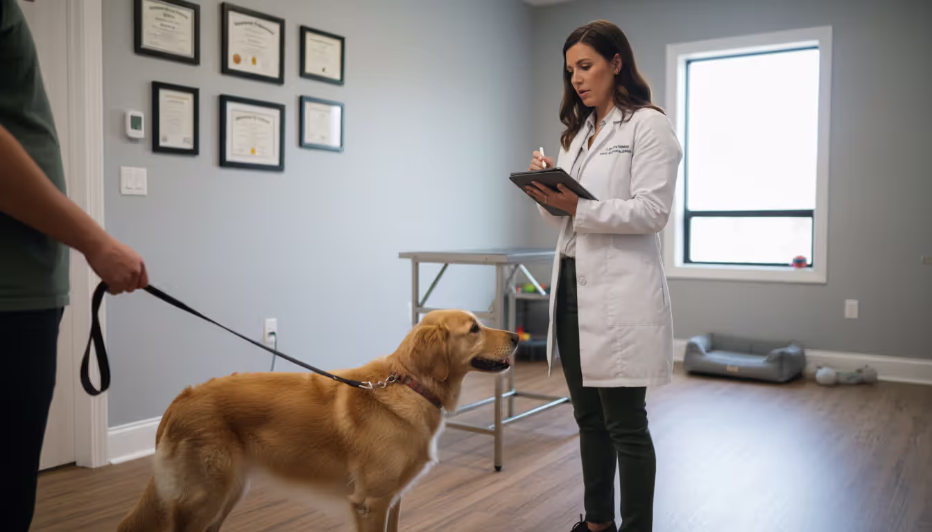 Veterinary behaviorist in a white coat conducting a behavioral assessment of a dog on a leash in a clinical office setting