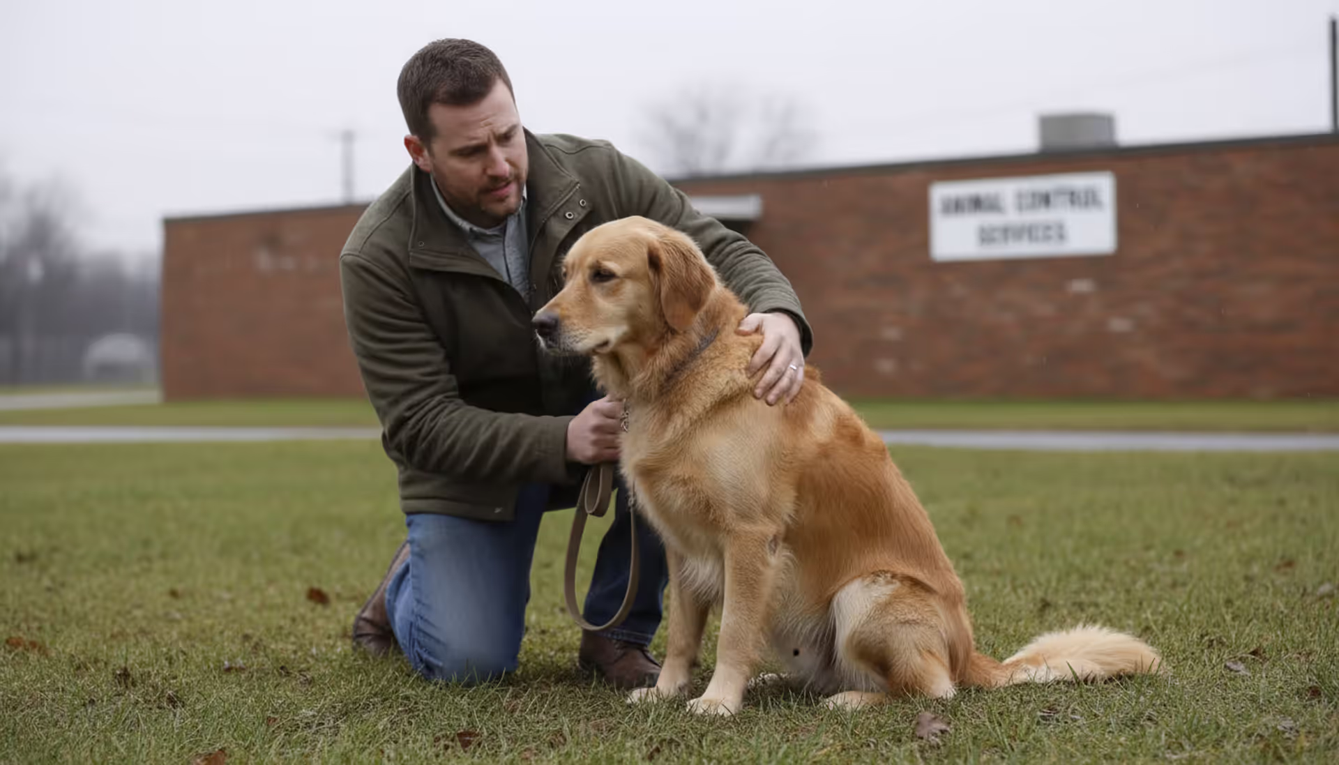 Worried dog owner kneeling beside a large leashed dog in front of a blurred animal control building on a cloudy day