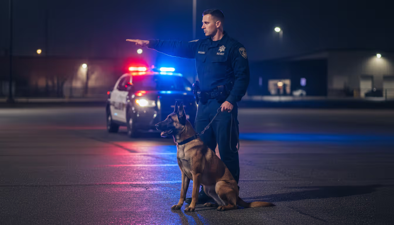 A police K9 handler giving a verbal warning command while holding a Belgian Malinois on a leash at night with patrol car lights in the background