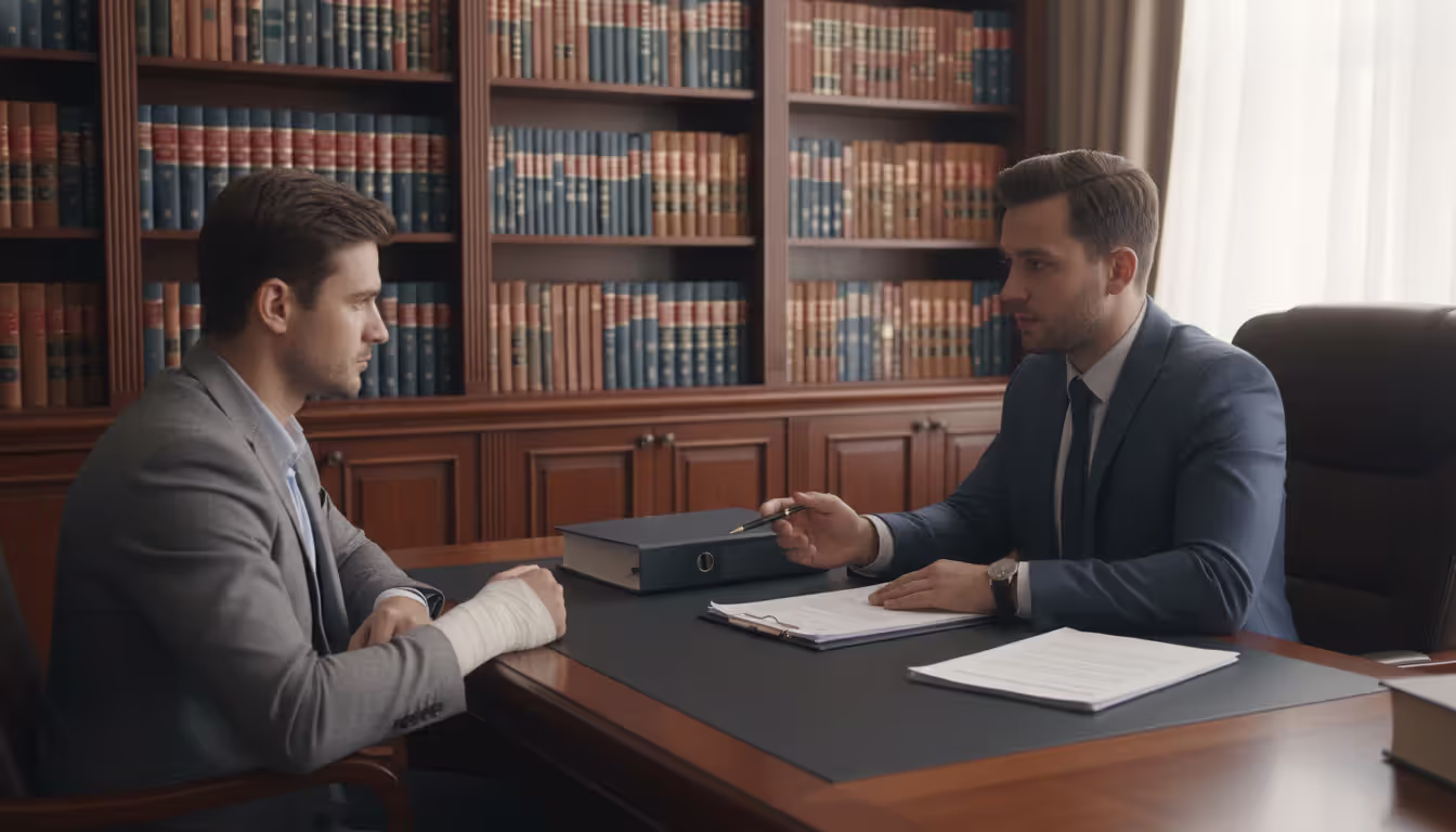 A person with a bandaged arm consulting with an attorney in a law office about a police dog bite case