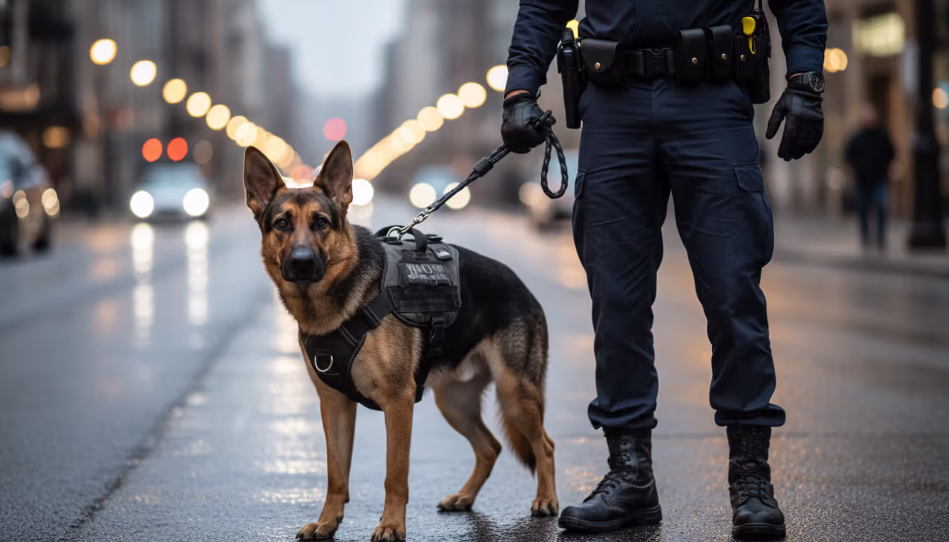 A police officer in uniform holding a German Shepherd K9 on a short tactical leash on a city street at dusk
