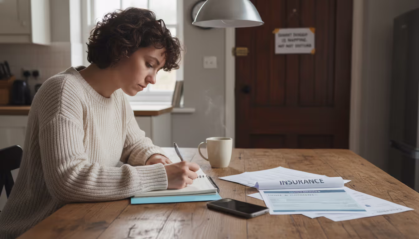 Person sitting at a kitchen table taking notes with a smartphone and insurance documents nearby while a closed door is visible in the background
